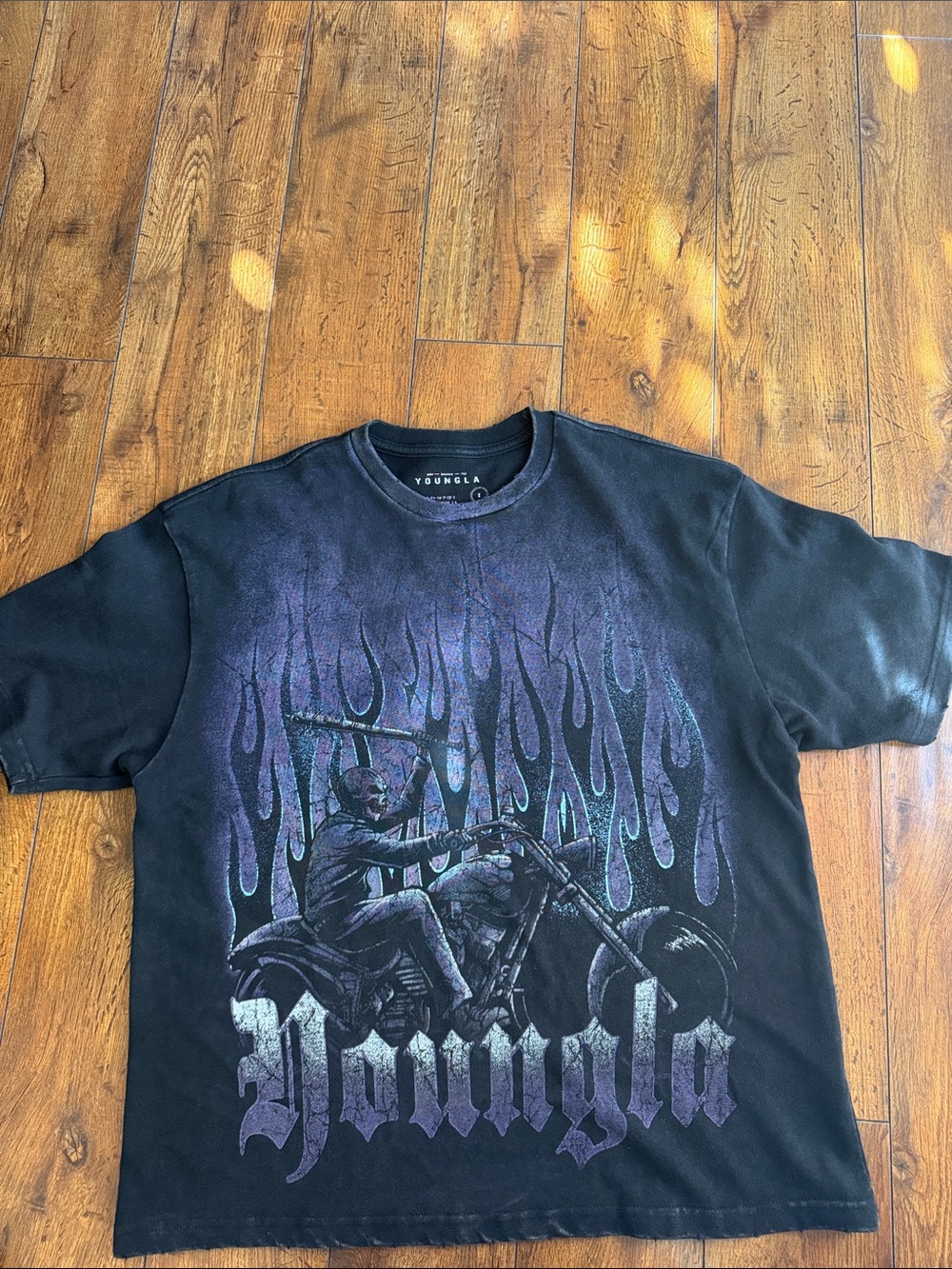YoungLA Black Tee with Purple Flame Motorcycle Graphic